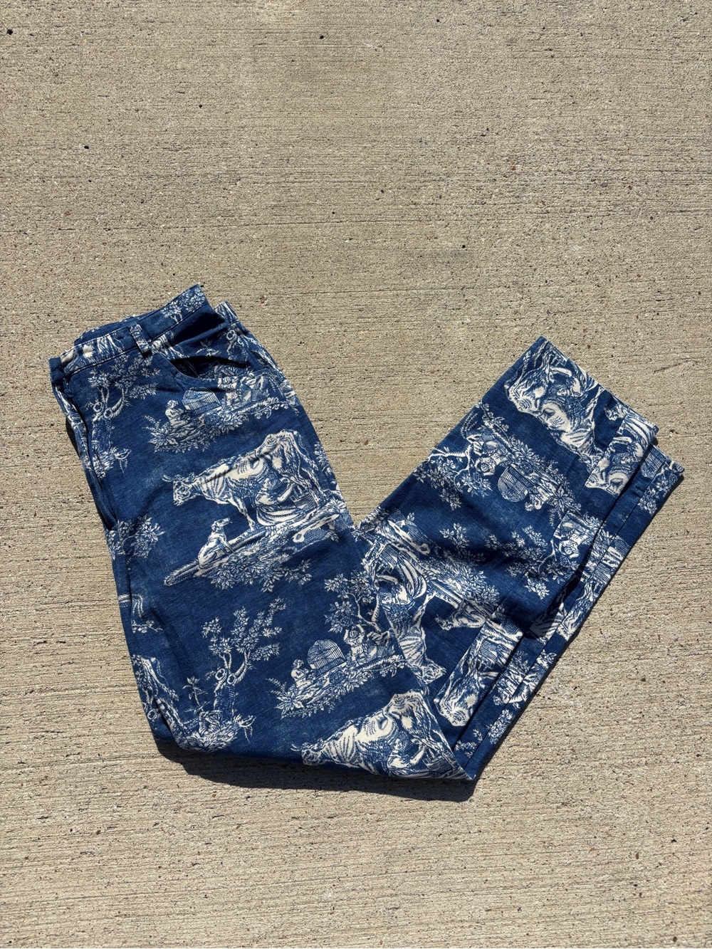 Men's Blue Printed Jeans - Classic Toile Pattern